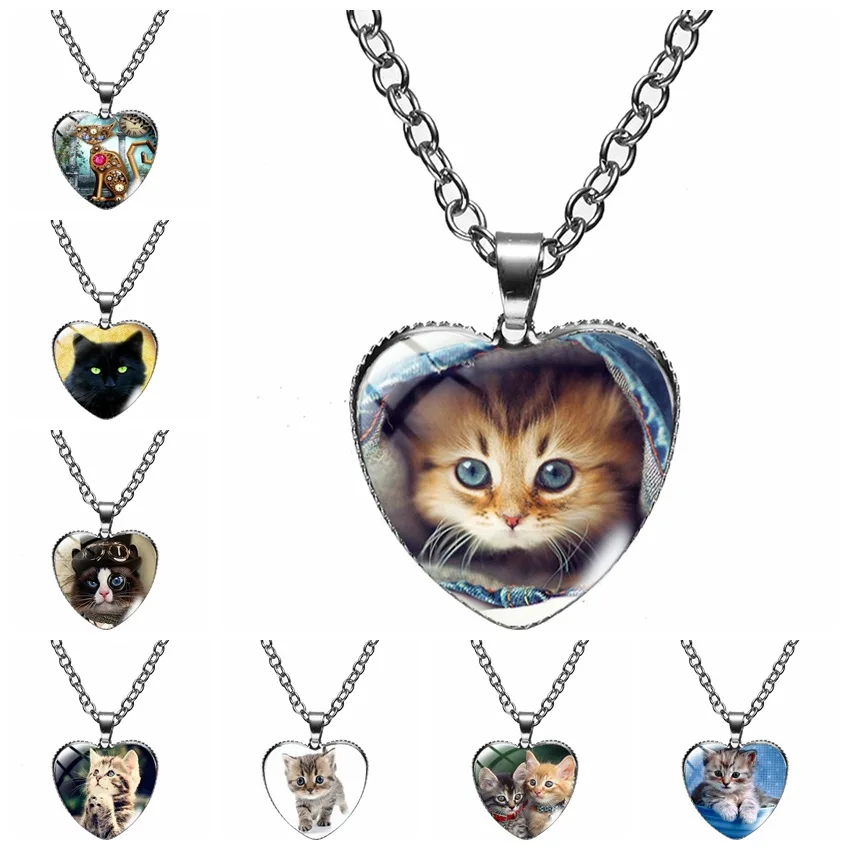 Cartoon Animal Cat Heart Pendant Necklace for Ladies Classic Style Acrylic Glass  Heart Link Chain Necklace