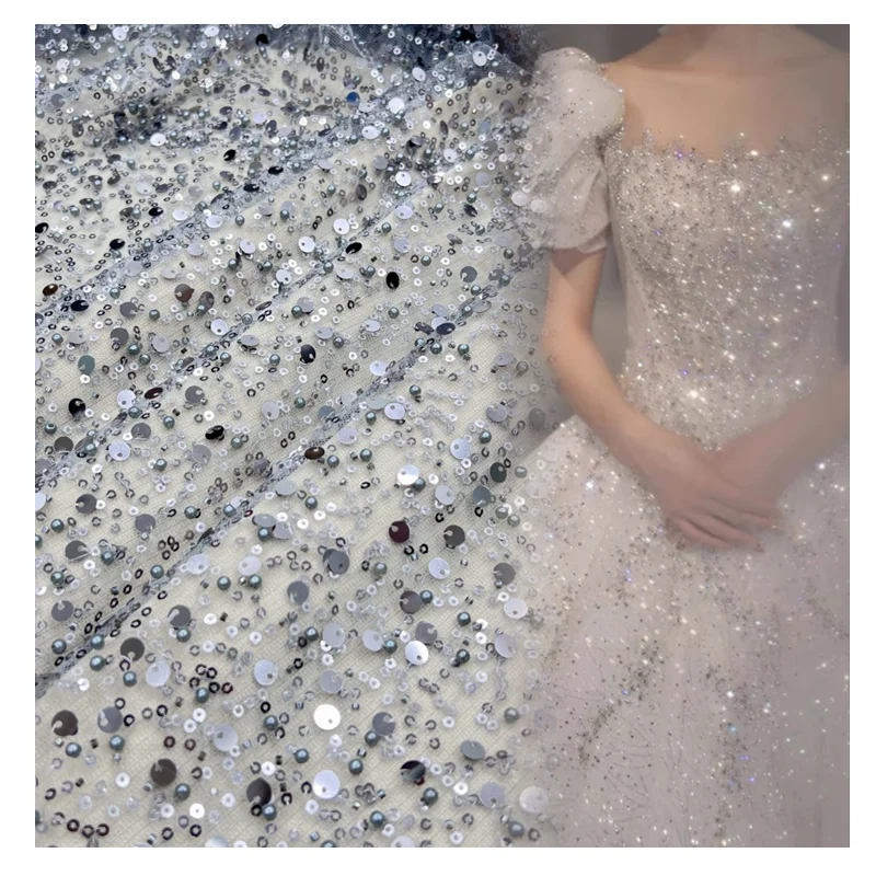 Couture Designer Lace Fabric Sequins Lace Beaded Pearl Fabric Crafts For Evening Dress Cloth