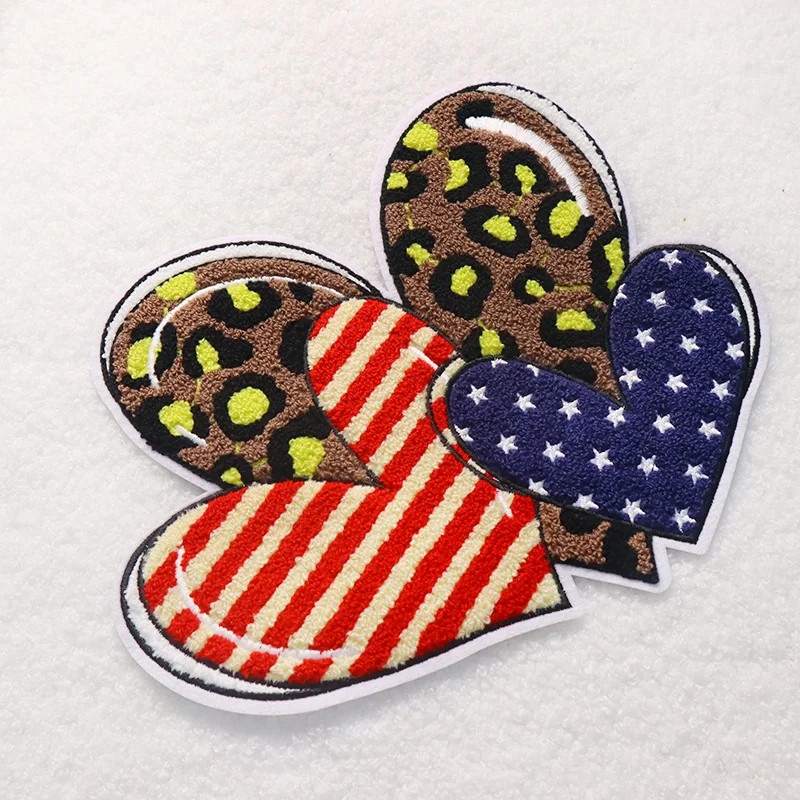 Wholesale Embroidery Three Hearts With Star Stripe Leopard Logo Patch Iron On July 4th Independent Day Us Love Chenille Patches