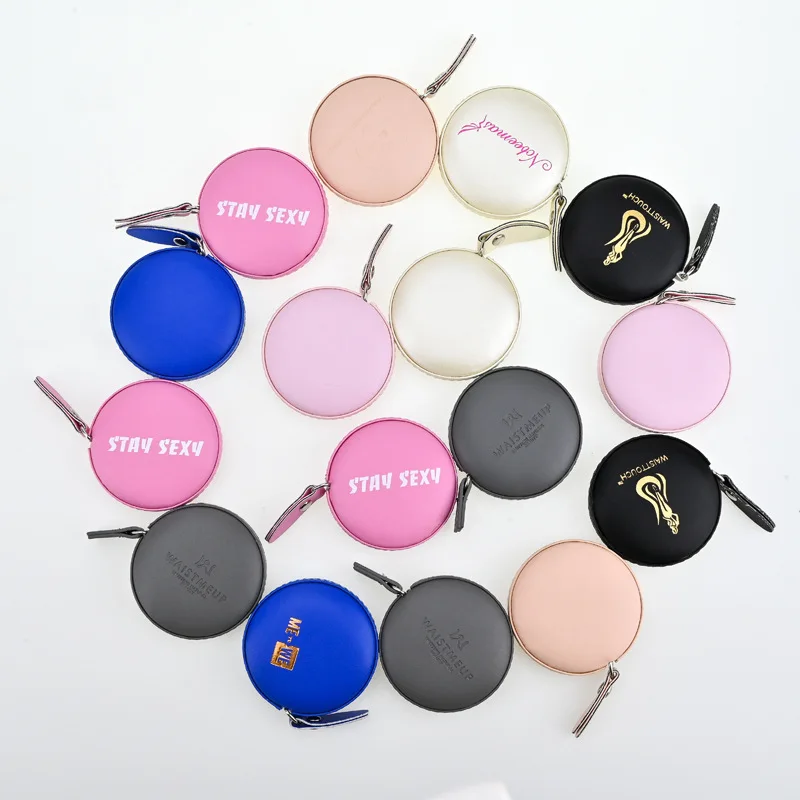 Custom white black brown leather cover oval shape measuring tape 1.5 Meter with handing loop