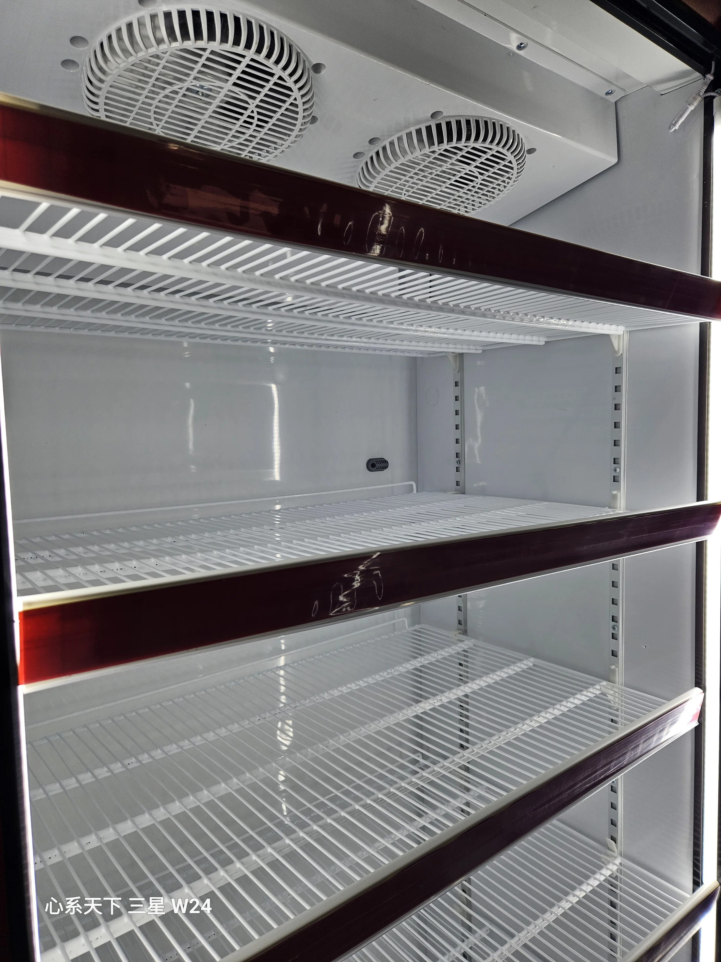Large Capacity Red Color Hollow Glass Luxury Cold Drink Showcase Vertical Fridge Cooler With 5 Layer Shelves