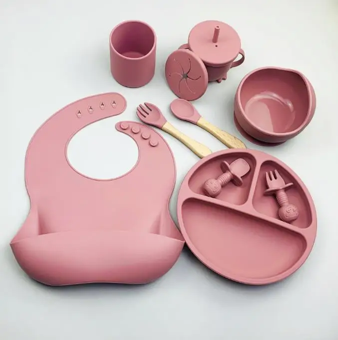 wholesale Eco Friendly Led Weaning Baby Tableware Set silicone Bib Plate Suction Bowls Silicone Baby Feeding Set
