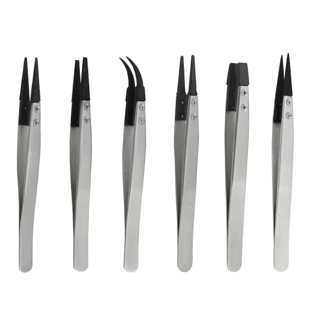 High quality ESD Anti-Static Tweezers With Flatted Stainless Steel Body Carbon Fiber Conductive Plastic Replaceable Tips