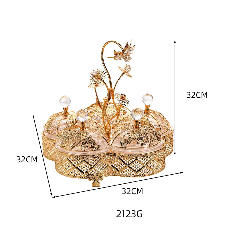 European Style Gold Metal Crystal Dry Fruit Tray Turkish Candy Snack Plate with Lid