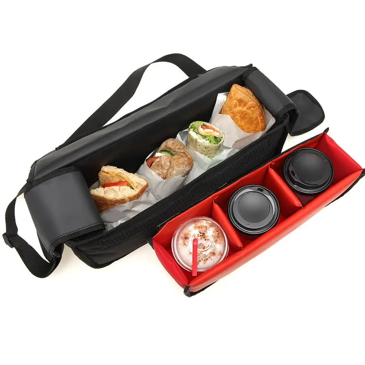 thermal sandwich coffee delivery bags for 3 coffees with shoulder strap and detachable pouches