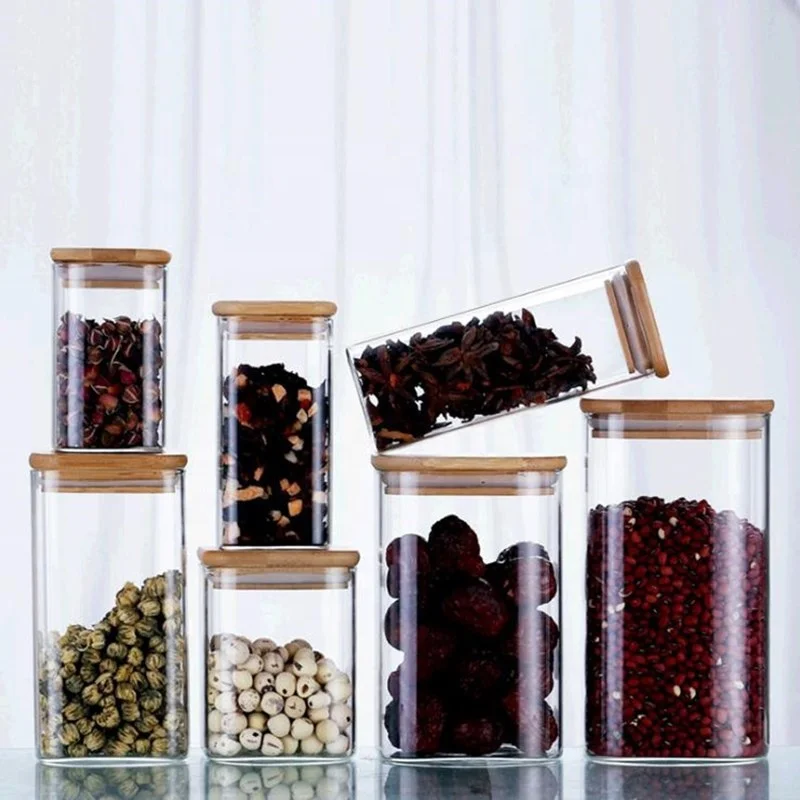 Hot Sell Airtight Food Cans Square Storage Glass Jar Cylinder With Wooden Top Lid