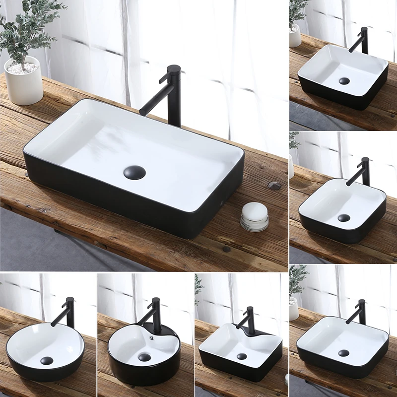Square Bathroom Black Ceramic Round Countertop Wash Basin Bowl White Table Top Lavatory Sink