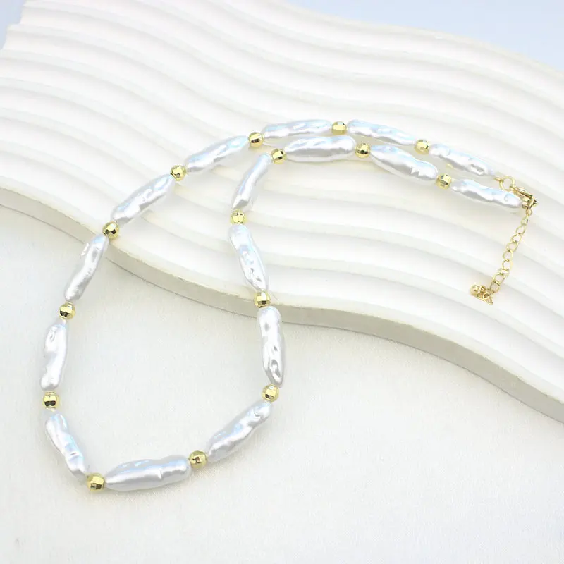 CH-LHN1137 Trendy Plastic Pearl Necklace Gold Plated White Plastic Pearls Gold Beads Necklace Wholesale Plastic Pearl Necklace