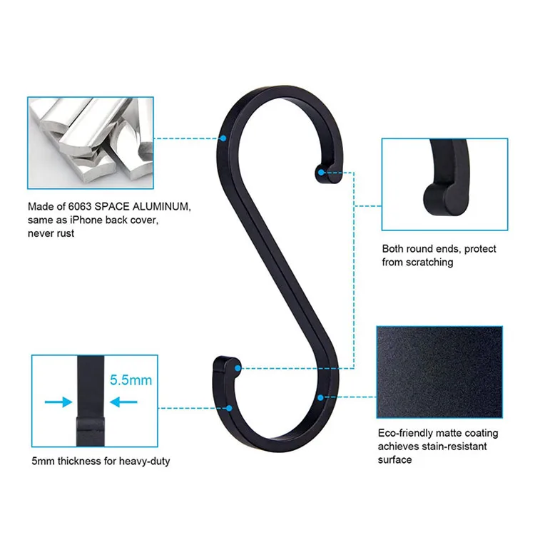 12 Pack Aluminum S Shaped Hooks Matt Black S Hooks for Hanging Pots and Pans
