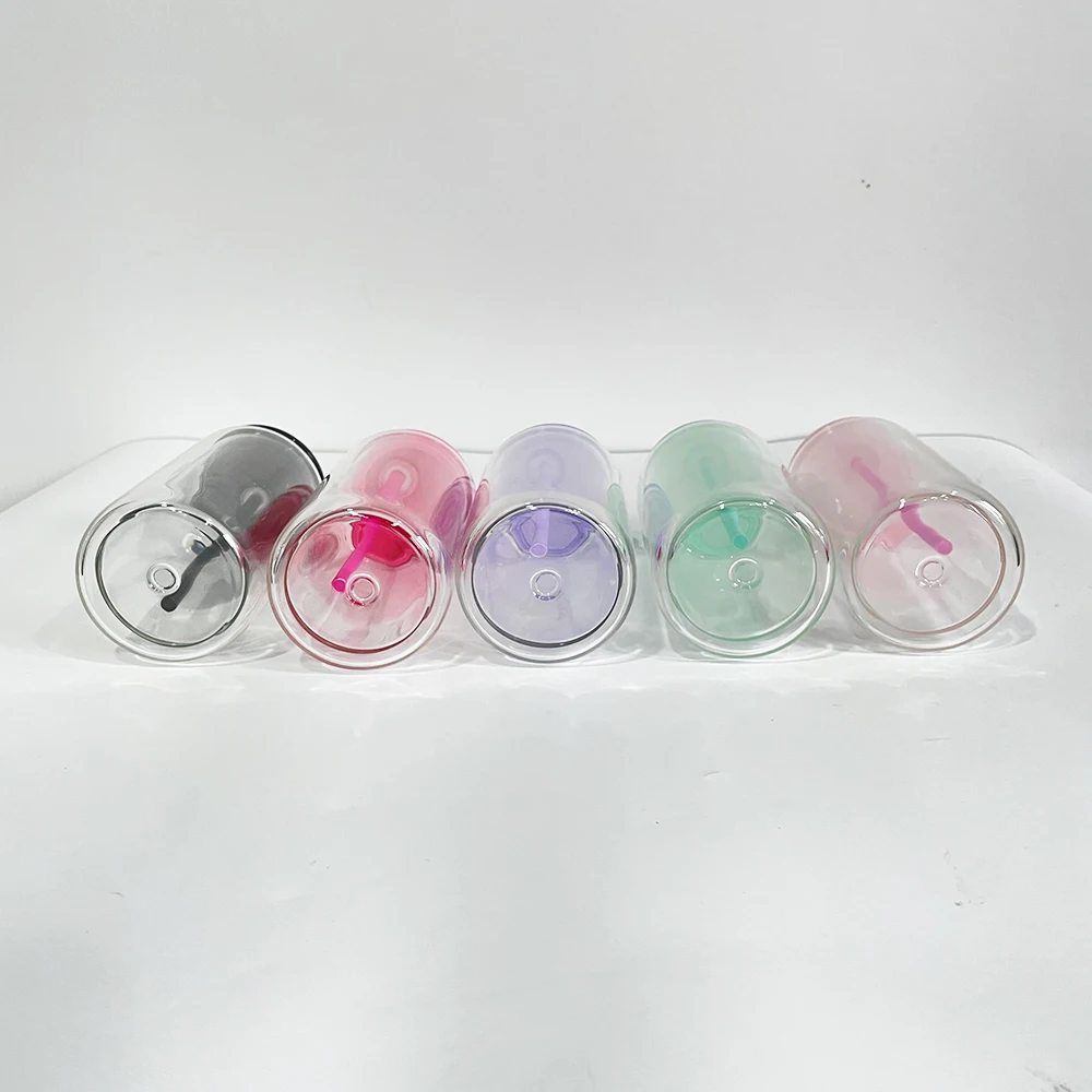 USA Warehouse 12oz 15oz DIY glitter blank sublimation double wall pre drilled glass can with plastic lids for DIY snow globe