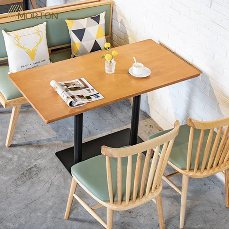 Wholesale restaurant furniture high quality rectangle wood top coffee shop cafe dining table with metal base