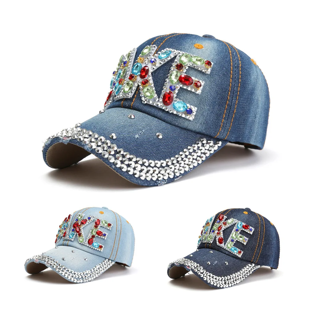 Custom bling bling stone logo multi color 6 panel distressed denim baseball cap