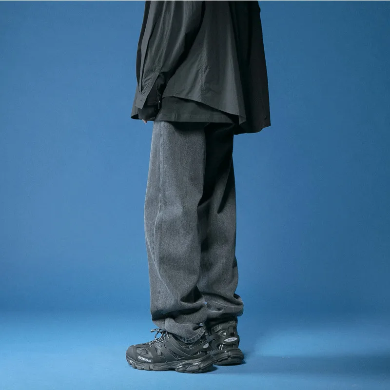 2021 high quality custom stylish loose straight solid color denim pants streetwear black long jean for men