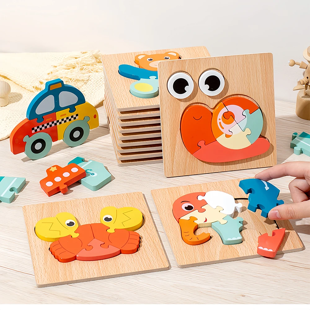 Children Wooden 3d Eco-friendly Cartoon Animal Car Puzzle Board Games Baby Educational Jigsaw Puzzle Toys For Kids Boys Girls