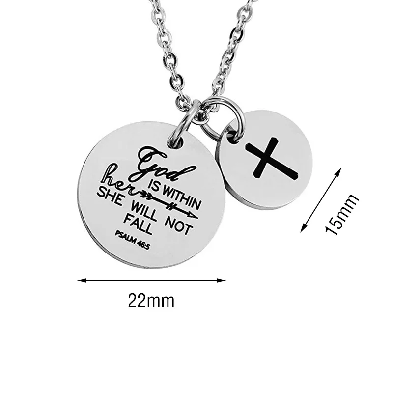 Bible Verse GOD IS WITHIN HER Titanium Steel Cross Pendant Necklace Prayer Stainless Steel Religious Necklace