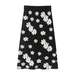 Girls knitted floral bag hip pencil skirt Japanese gentle retro high waist casual close-fitting printed knit women long skirt