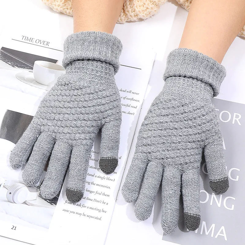 LTT1646 Jacquard Plain Women Men Mitten Elastic Cuff Texting Knitted Gloves Warm Fleece Lined Winter Gloves Touch Screen