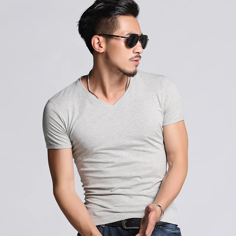 C Deep V Neck T Shirt For Men Low Cut Vneck Wide Vee Tee Male Tshirt Invisible Undershirt Model Scoop Hem Slim Fit Short Sleeve
