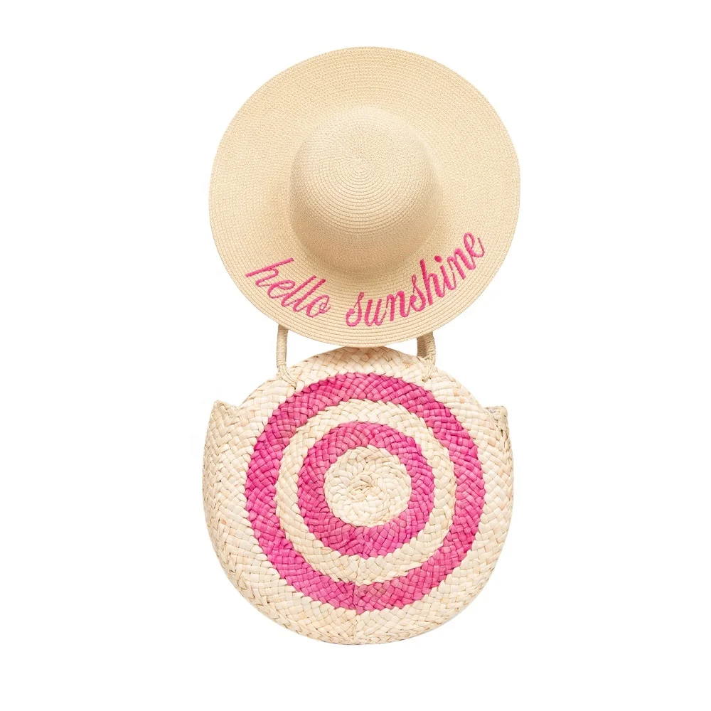 JAKIJAYI Brand Hot Sale Women Wholesale Summer Paper  Floppy  Ladies Straw Hat With Circle Print Paper Beach Bag Set