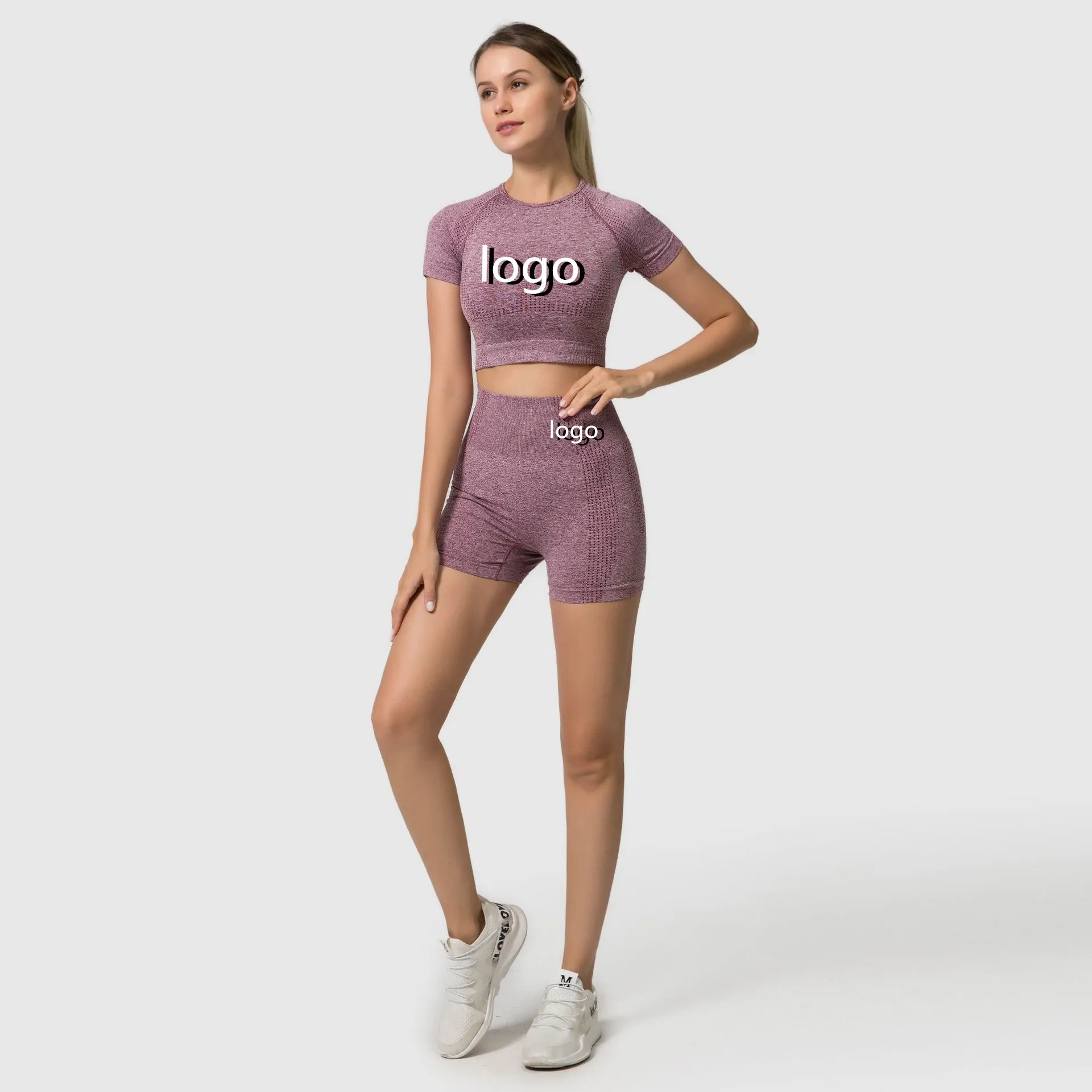 Women Short Sleeve Yoga Set 2 Piece Vital Seamless Sport Suit Gym Clothes Fitness Crop Top Shirt High Waist Shorts Sportswear