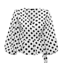 Ladies Highstreet Lantern Sleeve Blusa Vintage V Neck Polka Dot White Shirt Women Fashion Wrap Blouse