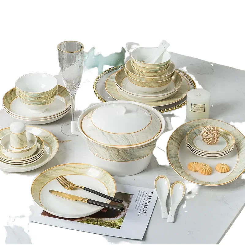 Wholesale 58-Pcs European Fine Ceramic Stoneware Dinner Set Disposable Tableware Tableware and Crockery Dinnerware Sets
