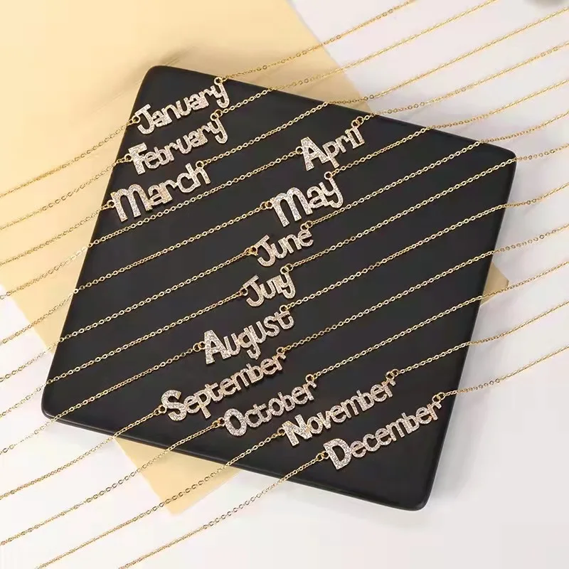 Diamond Zircon Cubic Birthday Month 18k Gold Plated Initial Letter Pendant Necklace