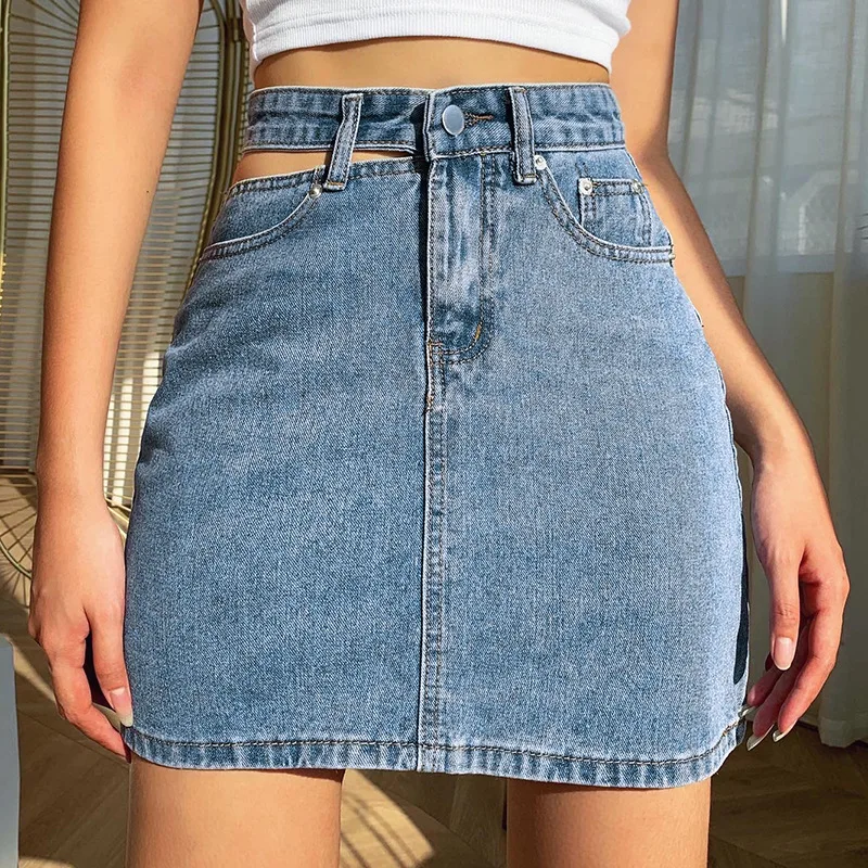 SK2010 Amazon Top Sellers Washed Hollow Out Slim Blue Jeans Skirt Women Mini Skirts