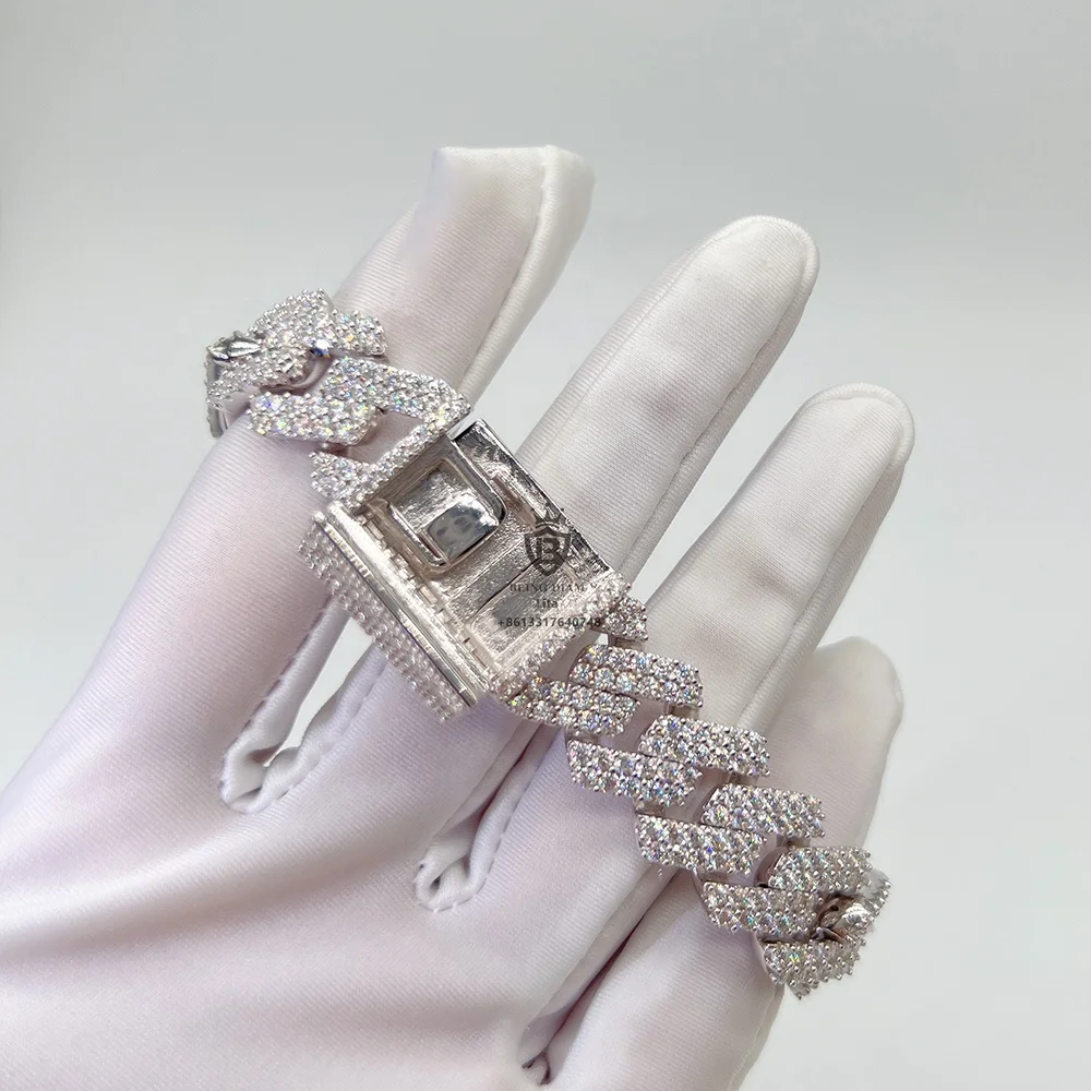 Popular design custom clasp gra certificate moissanite diamond 15mm cuban link sterling silver hip hop bracelets for mens