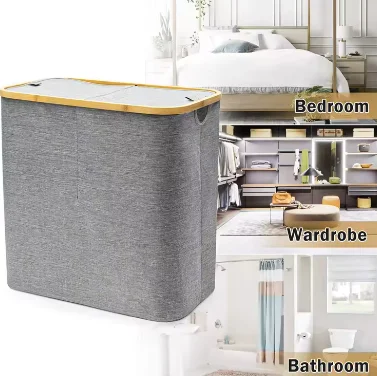 Waterproof Durable Corner Foldable Pop Up Bamboo Rim Circular Laundry Hamper Baskets & Bags With Lid Baby Nursery Storage Basket