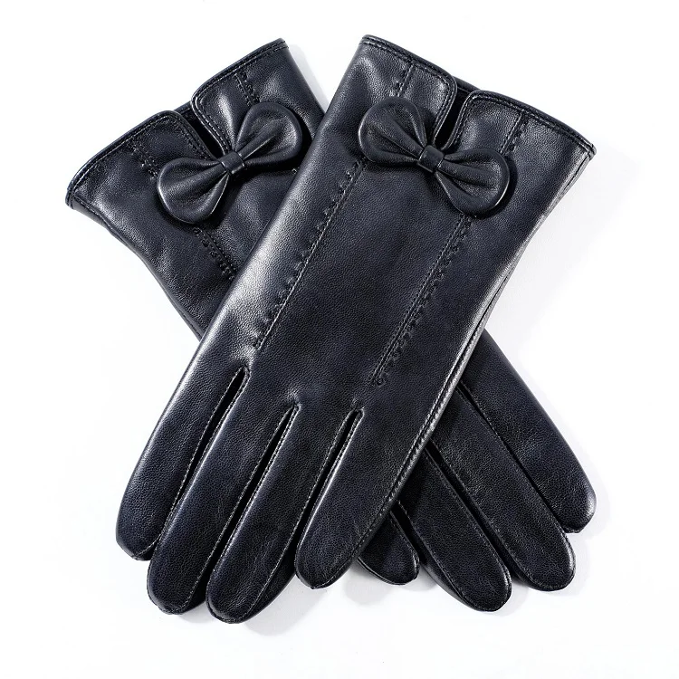Модные короткие плюшевые перчатки из натуральной овчины с бантом теплые женские зимние кожаные
