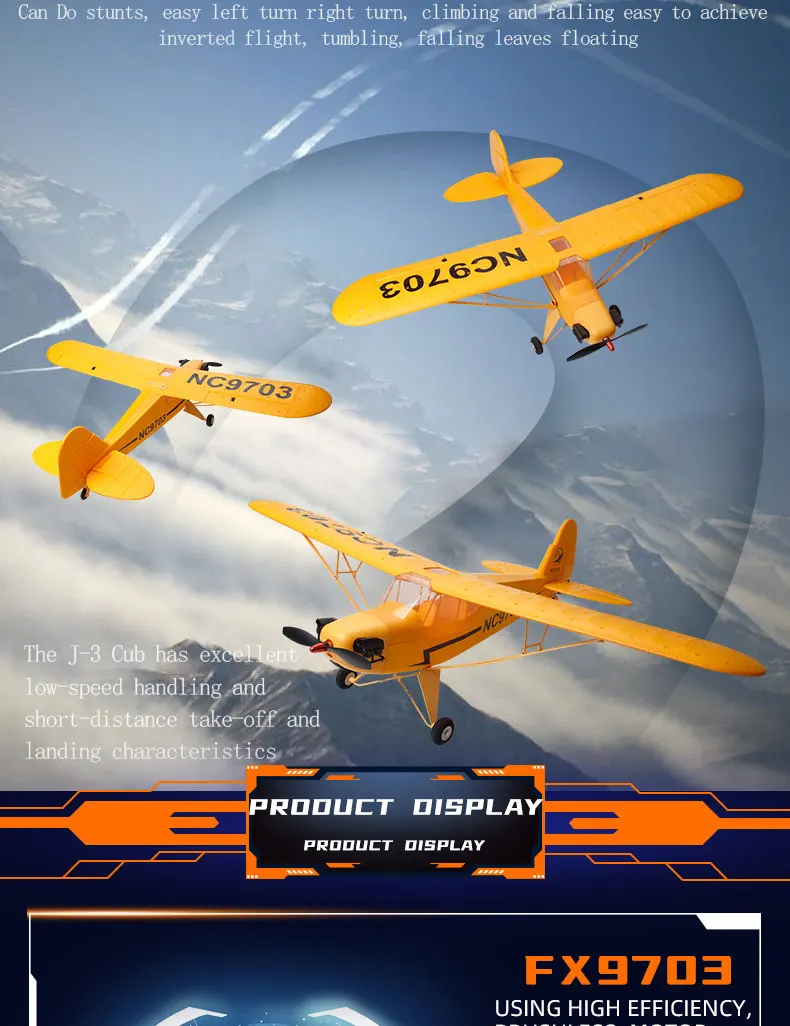 Newest FX9703 Remote Control Aircraft Model J3 Brushless 4CH Six-Axis Stabilized 3D Fixed Wing RC Airplane Glider Yellow Color