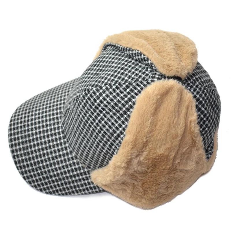 Trooper Trapper Hat Winter Windproof Ushanka Russian Hats with Faux Fur Ear Flaps Plaid Thick Baseball Cap with Warmer Earflap