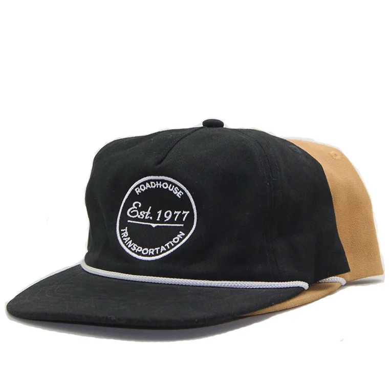 high quality customized unstructured 5 panel camp yupoong hat with strip and custom embroidery and rope logo