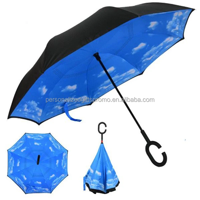 Umbrellas-Inverted Umbrella-Folding Double layer inverted 190T pongee fabric C-shape han Foldable Reverse Umbrellas