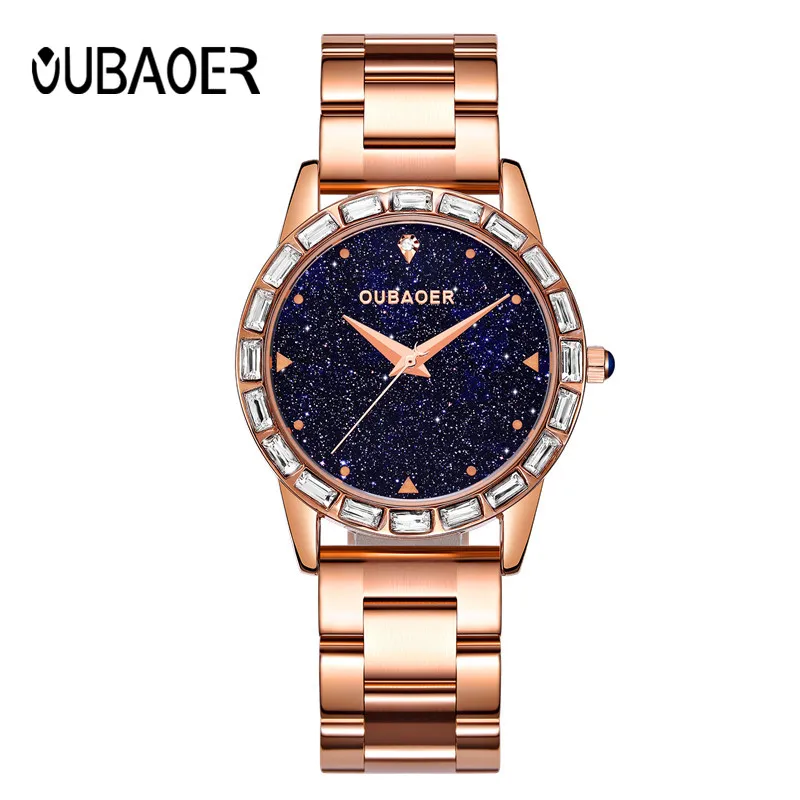 OUBAOER 2017 western rose gold girls quartz watch stylish steel Strap Waterproof bling character Casual wrist watch
