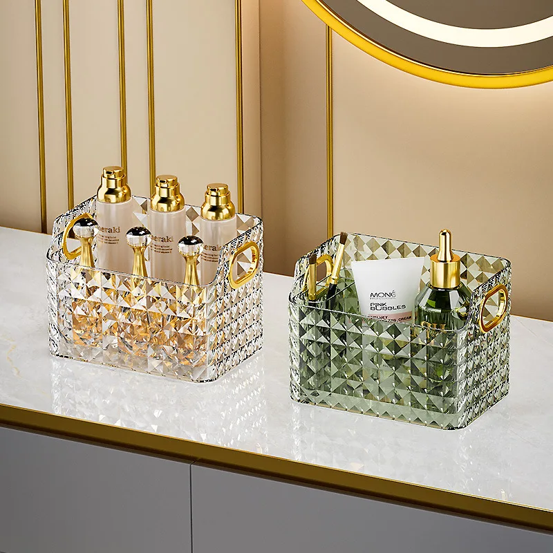 Container Organizing Bins Diamond Pattern With Handle For Makeup Plastic Storage Basket
