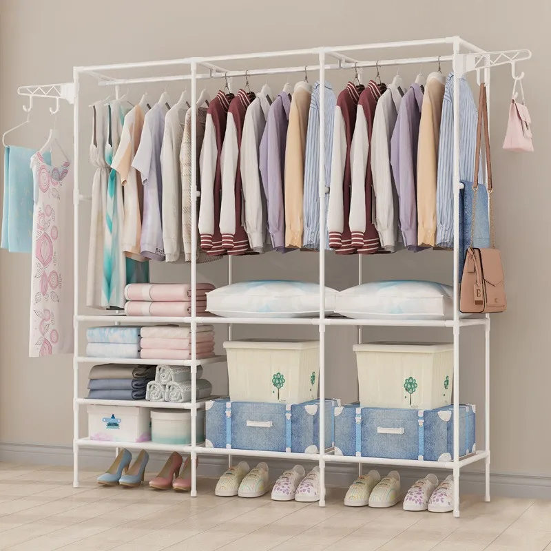 Household Wardrobe Hanger Free Standing Multifunctional Clothes Wardrobe Three Row Bedroom Coat Rack
