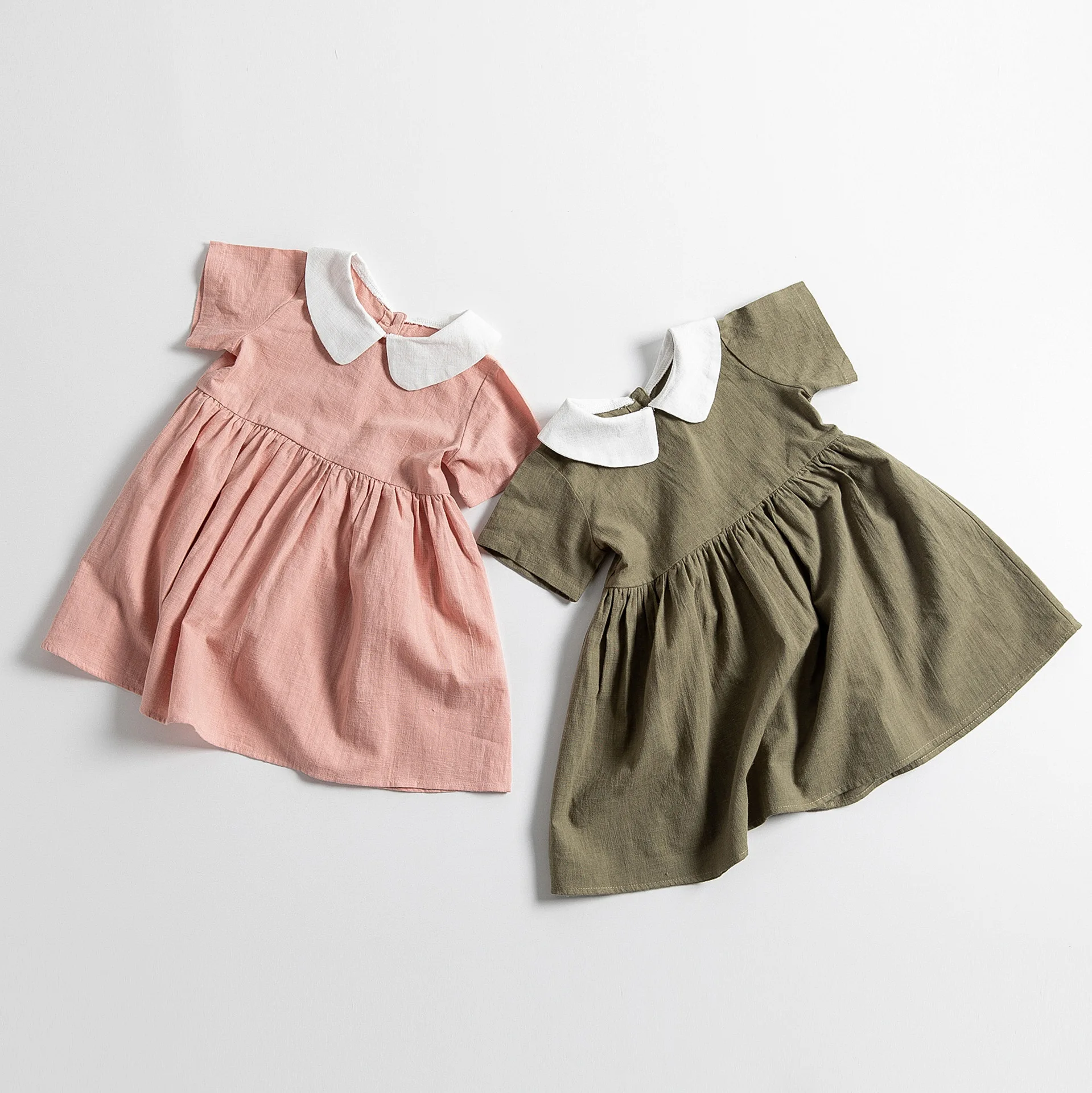 Summer kids outdoor casual clothing toddler baby little girl short-sleeve 100%linen Peter Pan collar vintage solid sweet dress