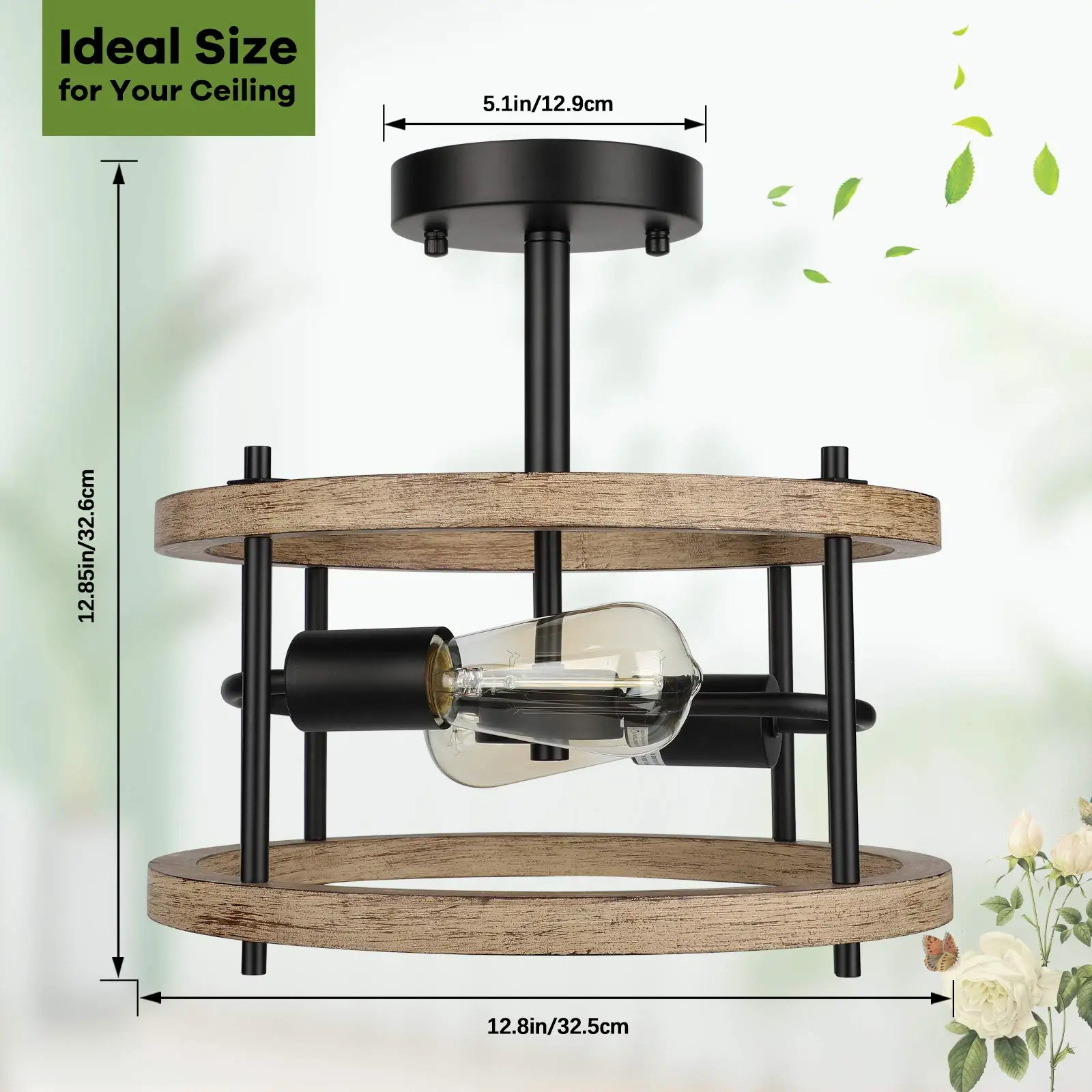 2-light Retro Semi Flush Mount Ceiling Light Fixture Rustic Vintage Wood Ceiling Light Black Metal Industrial Farmhouse Ceiling