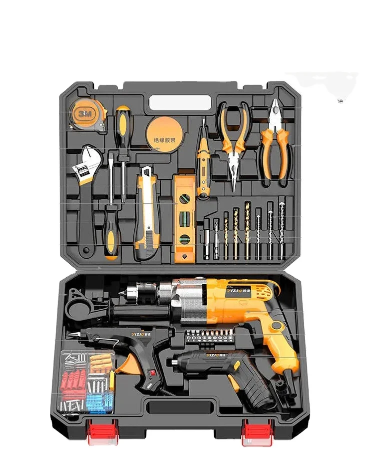 High-Power 92PCs Tool Kit Impact Drill Electric Screwdriver Glue Gun Includes Combination Sander Scraper Hard Case OEM Supported