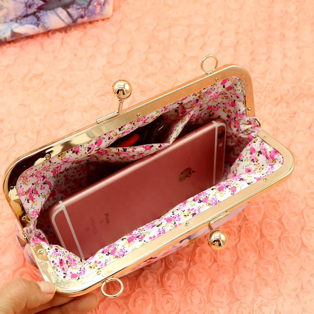 Flower printed ladies side sling shoulder bag chain clutch evening bag