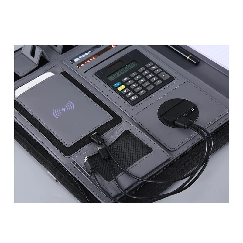 A4 multifunctional wireless charging treasure file folder with zipper mobile power business leather notepad folder