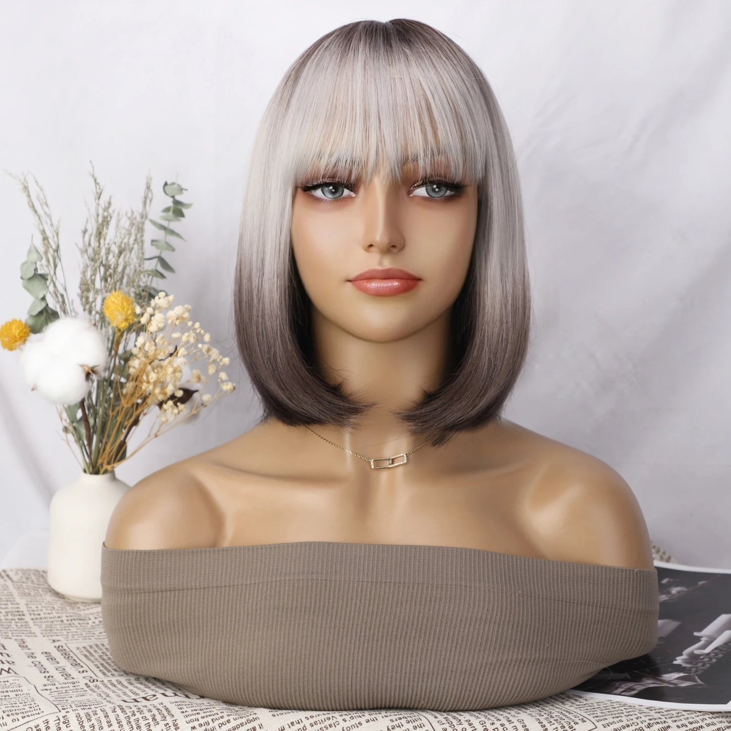 Cheap Grey Ombre Short Synthetic Bob Wig With Bangs 12 Inch Natural Looking Glueless Straight Bob Wigs For Daily Party Use