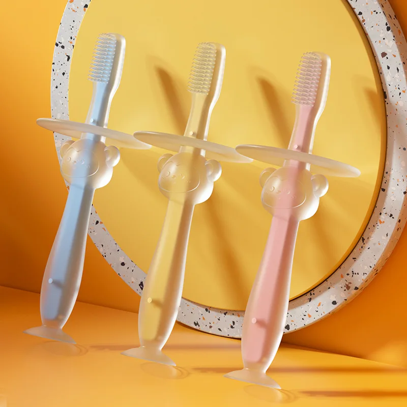 Baby training silicone three-dimensional milk toothbrush can stand suction cup toothbrush silicone tongue coating soft brush