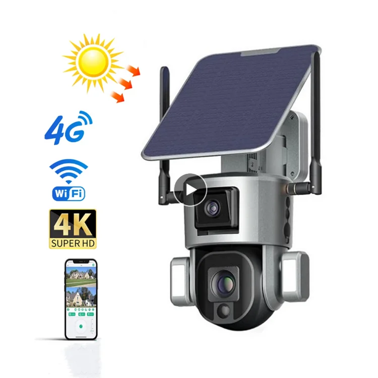 HD Dual Screen Preview 10X Optical Zoom Night Vision Two-way Voice with 5W Solar Panel WIFI 4G PTZ Camera Y5 Solar Camera 4K