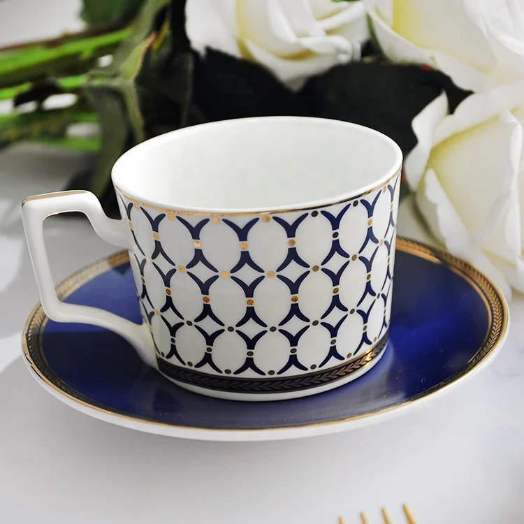 Luxury ceramic gold mug saucer european pattern blue fine bone china coffee cup and saucer set