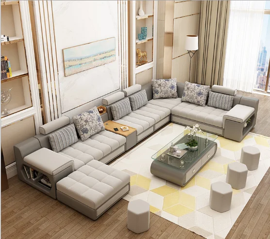 cheap home Furniture 7 Seater modern European wooden fabric U shaped Chaise Lounge sectional couch living room sofa set