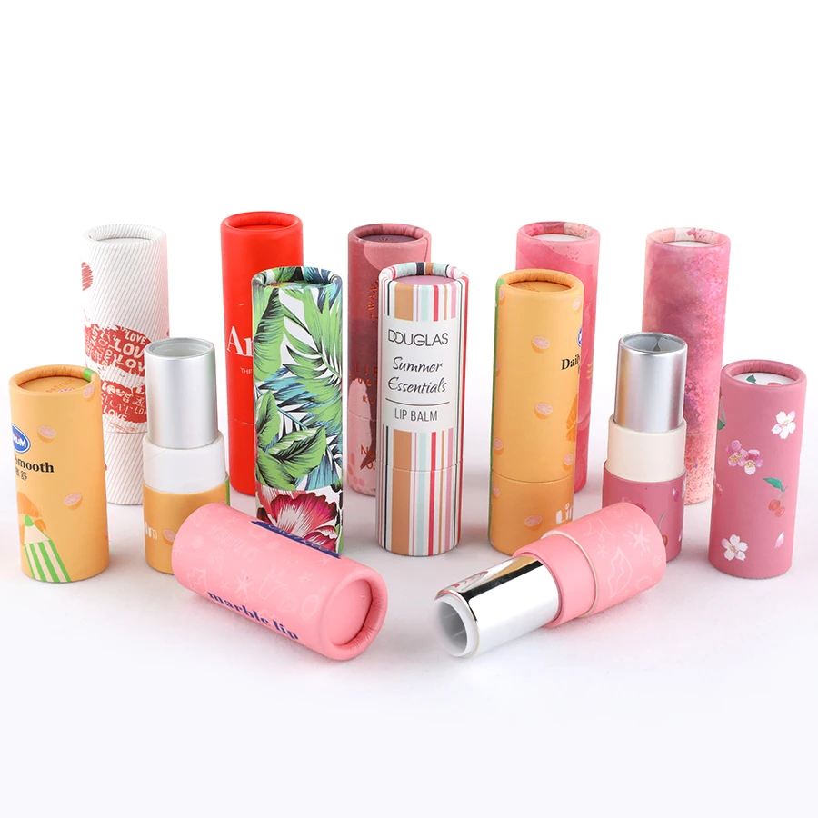 Cosmetic recycled push up white pink black white kraft chapstick packaging lip balm tubes cardboard
