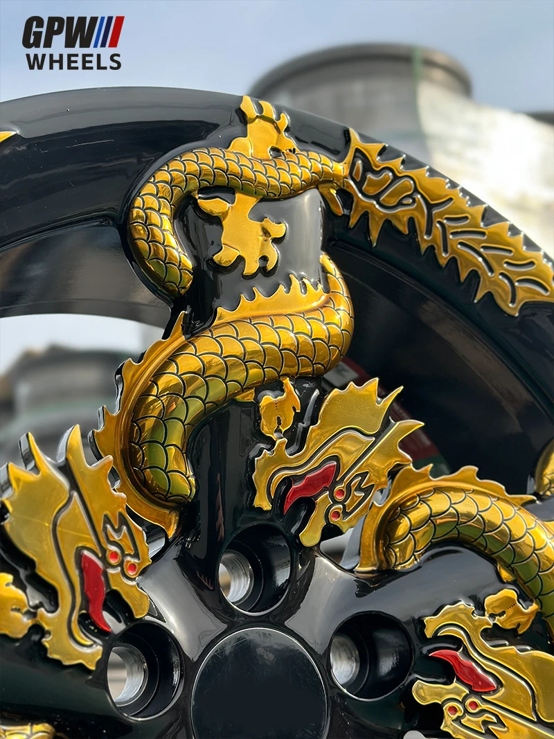 Hot Design Custom 3D Engraving Dragon Style Forged Wheel 5x108 5x114.3 5x120 6x114.3 5 Spokes Gold Rims for Car Modification